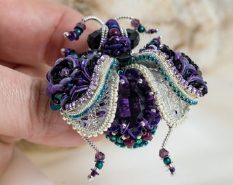 Small Embroidered bug brooch Purple flower Insect pin Mom gift from daughter Beaded bug jewelry