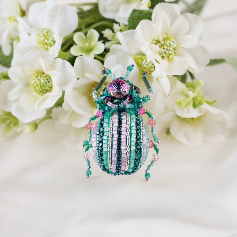 Bug brooch Pink mint Embroidered Beaded Beetle jewelry image 1