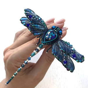 Blue Dragonfly Brooch Insect jewelry Colorful dragonfly pin Embroidered summer jewelry