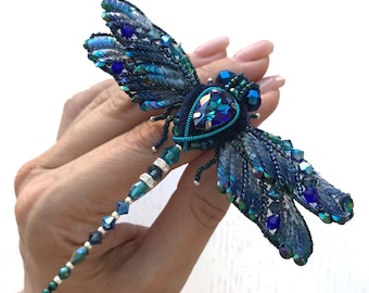 Blue Dragonfly Brooch Insect jewelry Colorful dragonfly pin Embroidered summer jewelry