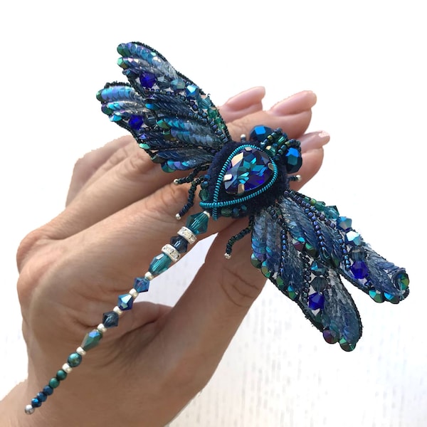 Blue Dragonfly Brooch Insect jewelry Colorful dragonfly pin Embroidered summer jewelry
