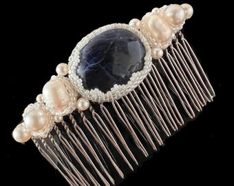 Bridal Pearl Hair Accessory with Sodalite OOAK Something Blue for the Bride