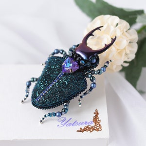 Dark blue bug brooch Insect jewelry Beaded beetle deer pin Valentines Day Gift