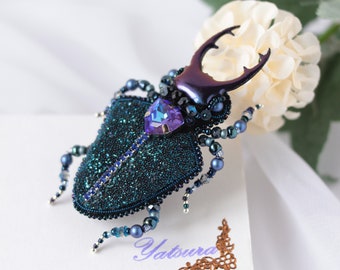Dark blue bug brooch Insect jewelry Beaded beetle deer pin Valentines Day Gift