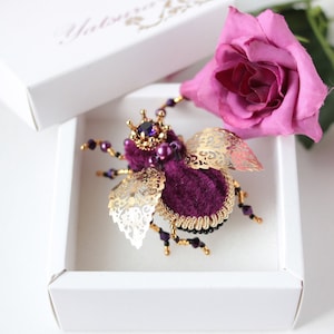 Purple embroidered bug brooch with crown Insect jewelry Beetle pin