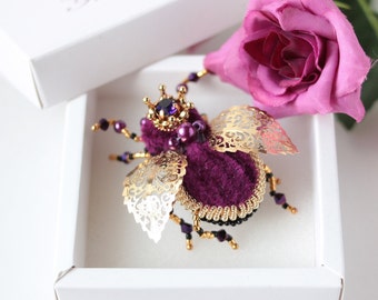 Purple embroidered bug brooch with crown Insect jewelry Beetle pin