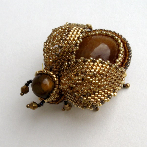 Beetle beaded brooch with Natural stone Insect jewelry  Mom gift from daughter Embroidered brooch beetle jewelry, bug pin,  Gold insect broo