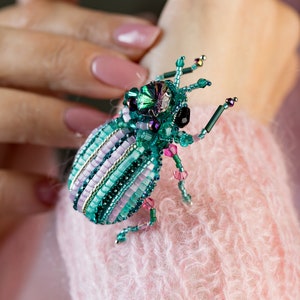 Bug brooch Pink mint Embroidered Beaded Beetle jewelry image 9