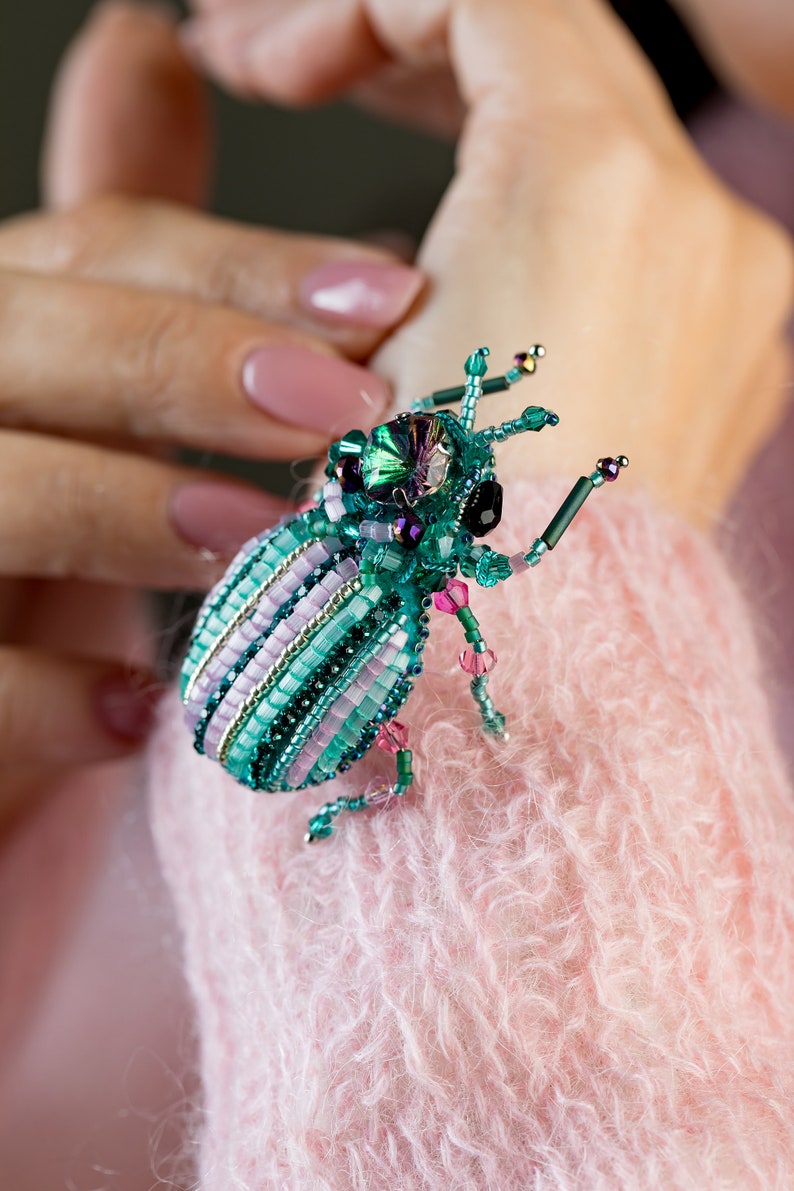 Bug brooch Pink mint Embroidered Beaded Beetle jewelry image 9