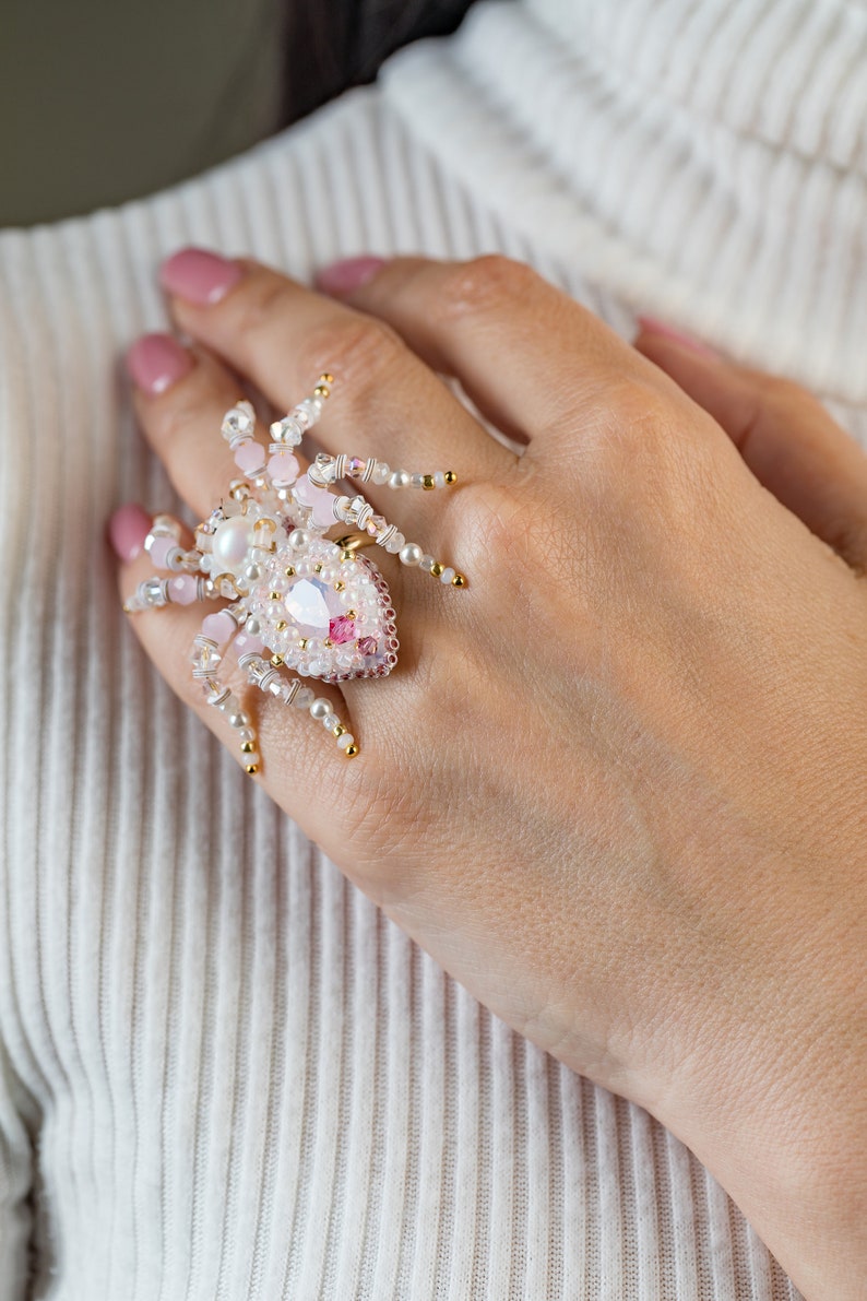 Pink Spider Chain Cocktail Spider Ring White Pink Сrystal Spider Jewelry Beaded Pastel ...