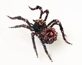 Crystal Spider brooch Halloween gift Burgundy Bug jewelry Embroidered pin Beaded insect