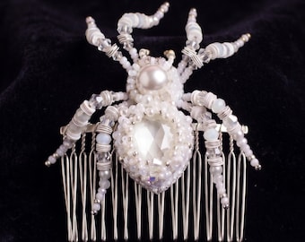 Wedding comb spider with crystals and beads Beaded jewelry Wedding accessories White insect Halloween gift