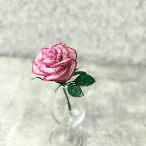 Pink beaded rose flower for a Vase French beaded flower Rose with stem Table decoration