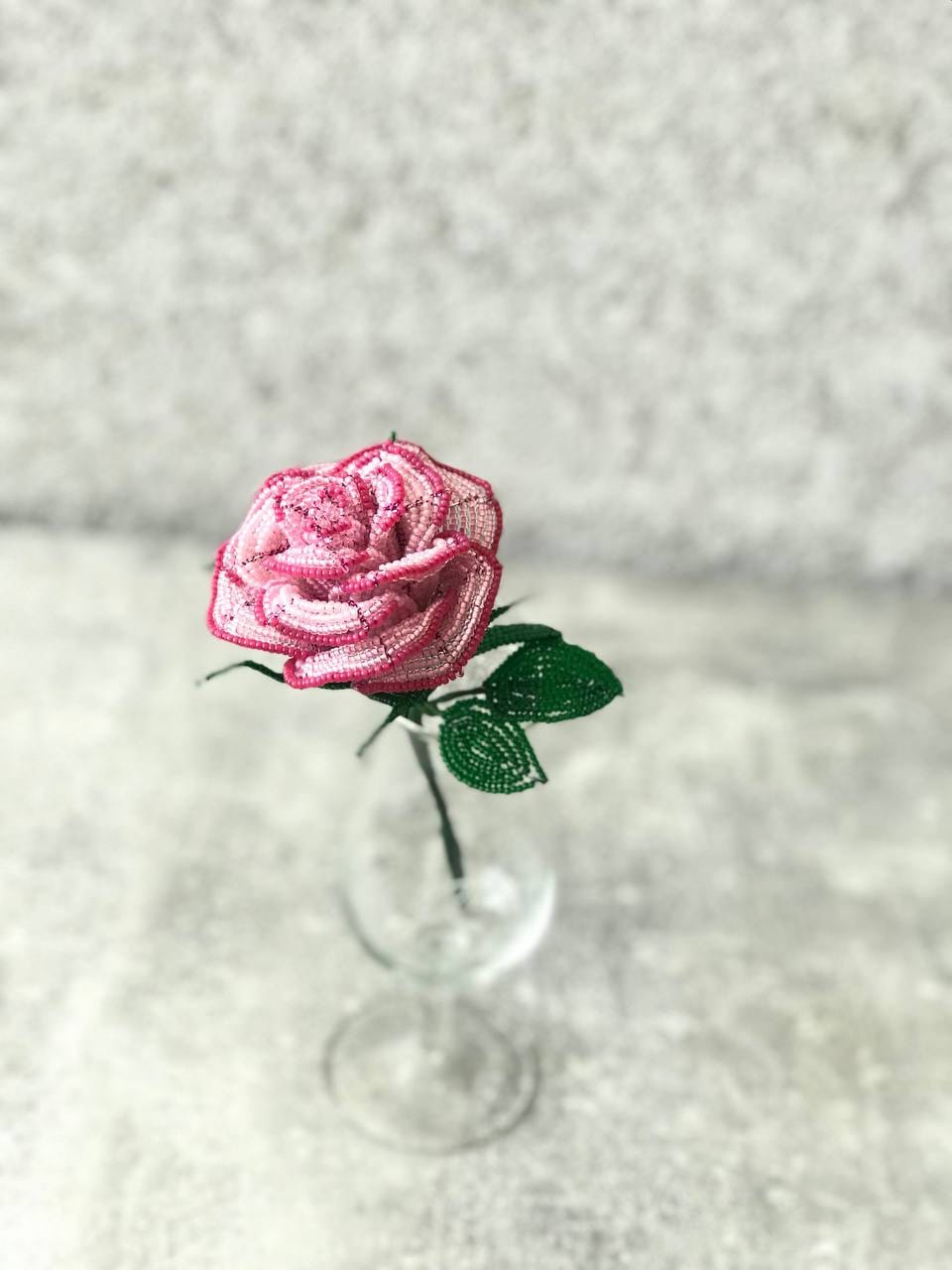 Pink beaded rose flower for a Vase French beaded flower Rose with stem Table decoration