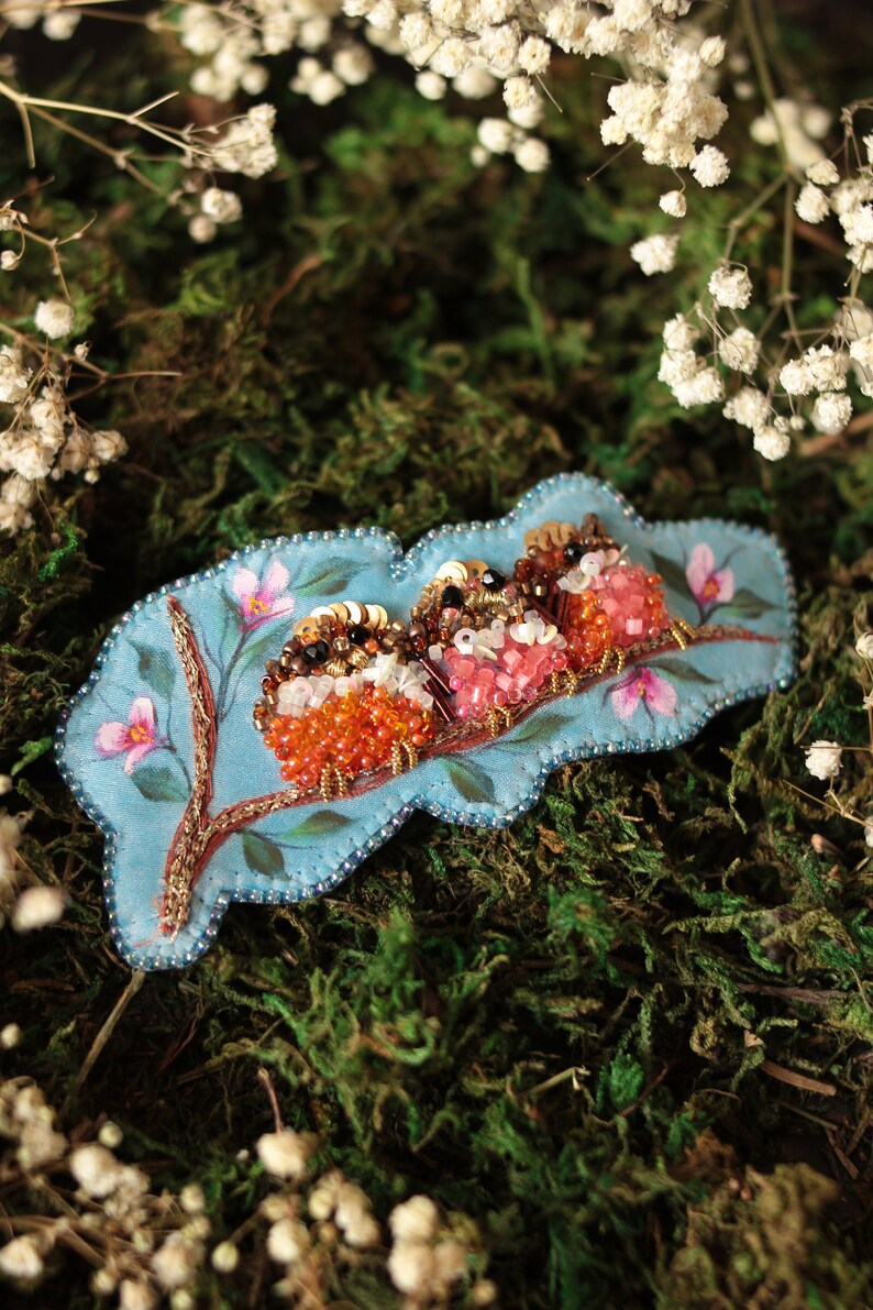 Embroidered barrette for long hair with birds Bridal hair clip with a blooming twig Gift for blonde