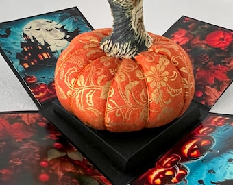 Halloween Fabric Pumpkin in Magic Box – Handmade Cotton Pumpkin Decoration with Surprise Bats & Spiders, Halloween Gift Sewing Pincushion