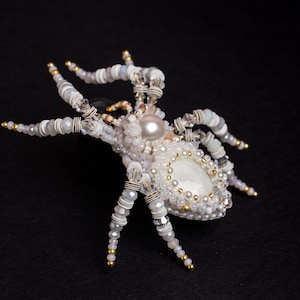 White Spider brooch Halloween jewelry Embroidered Beaded insect brooch Halloween gift Spider jewelry pin