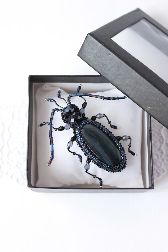 Dark blue Beetle brooch insect jewelry Natural stone embroidered pin