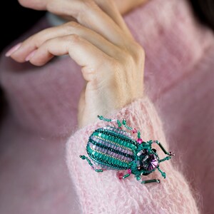 Bug brooch Pink mint Embroidered Beaded Beetle jewelry image 6