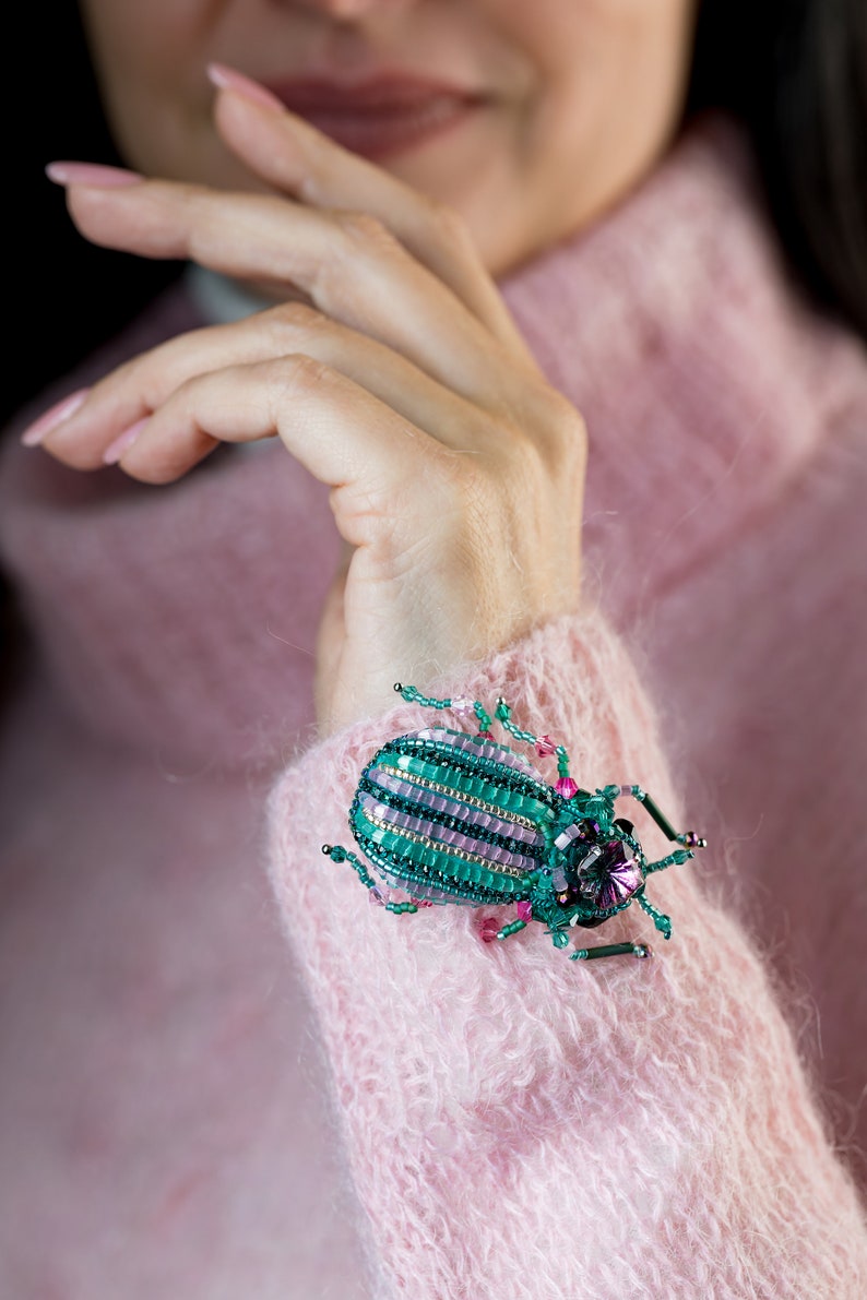 Bug brooch Pink mint Embroidered Beaded Beetle jewelry image 6