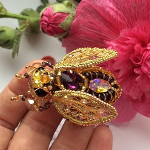 Queen bee embroidered brooch with crystals Insect jewelry Bumble bee pin