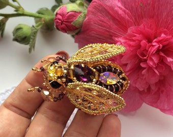 Queen bee embroidered brooch with crystals Insect jewelry Bumble bee pin