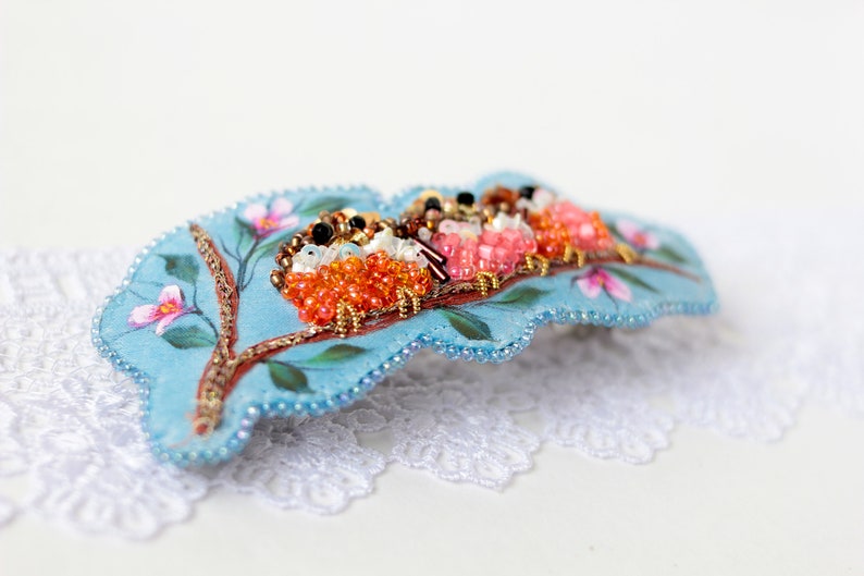 Embroidered barrette for long hair with birds Bridal hair clip with a blooming twig Gift for blonde