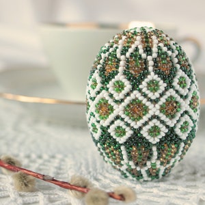 Easter egg  Green White Beaded Ukraine folk ornament  Easter décor Handmade green spring holiday décor