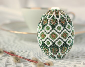 Easter egg  Green White Beaded Ukraine folk ornament  Easter décor Handmade green spring holiday décor