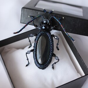 May include: A black beaded beetle brooch with iridescent wings and a black gemstone body. The brooch is displayed in a black box with a white interior.