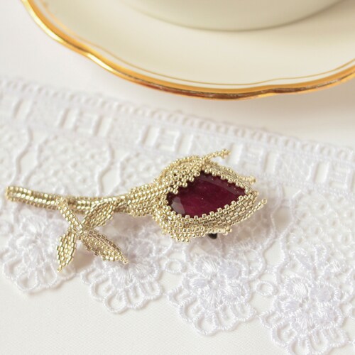 Silver Ruby Rose Beaded brooch Wedding brooch Flower jewelry Gift for mom Bridal shops pin