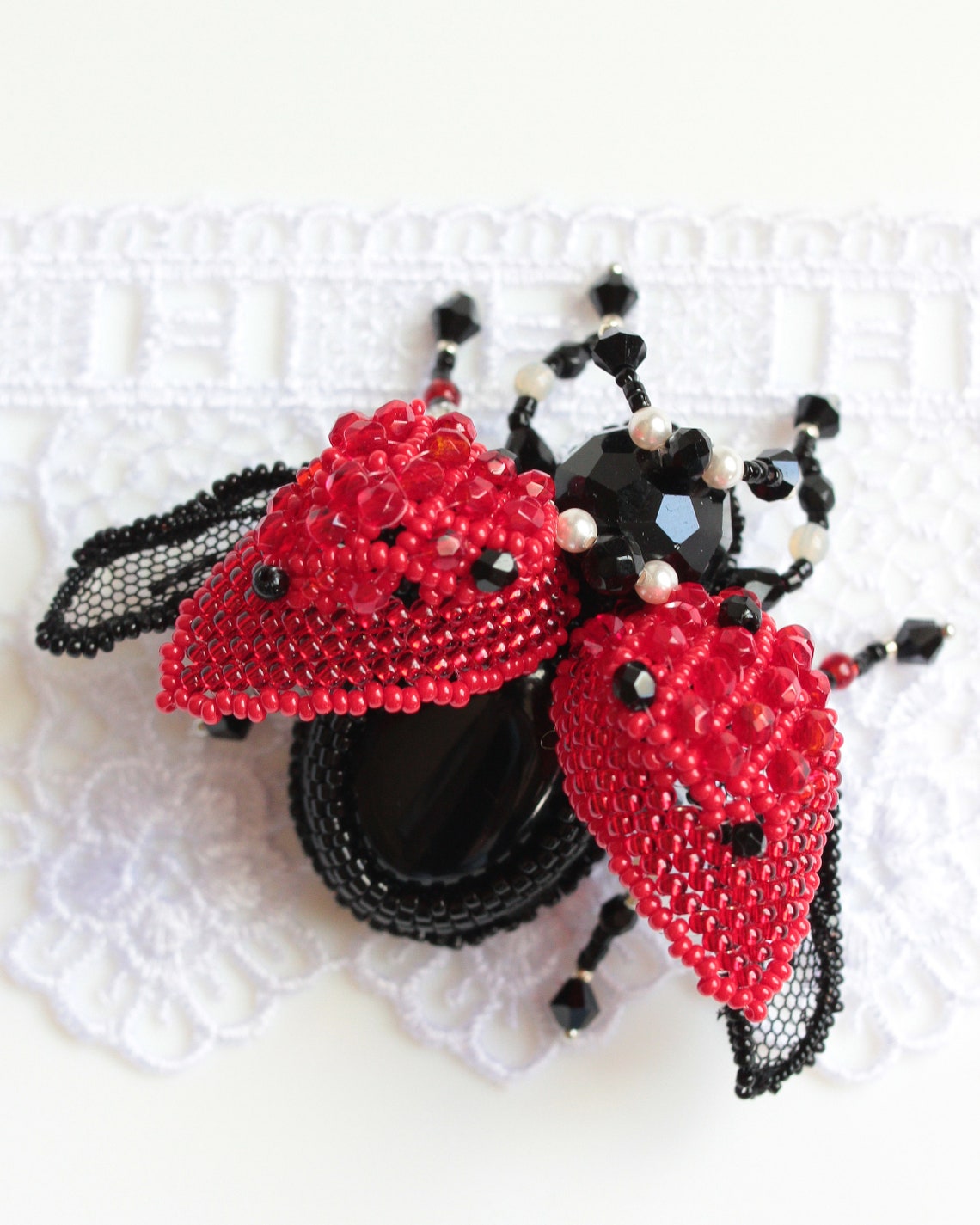 OOAK Lady bug brooch with agate Beaded embroidered Bug jewelry Etsy