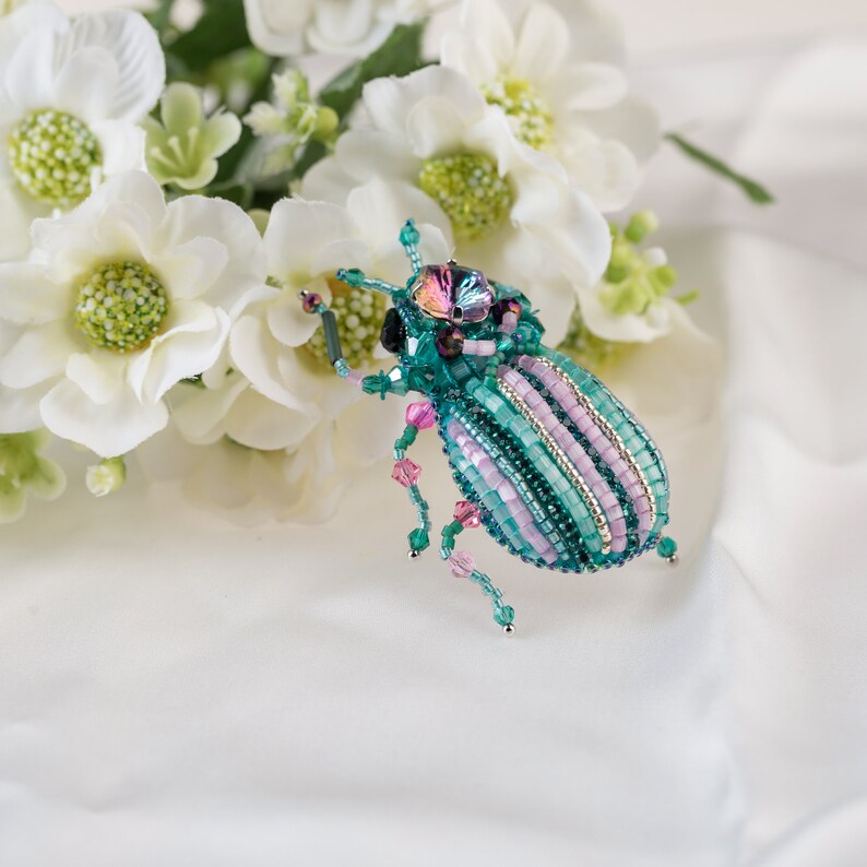 Bug brooch Pink mint Embroidered Beaded Beetle jewelry image 4