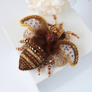Big bee brooch Gold embroidered Insect jewelry Honey bee brooch Bumble bee pin
