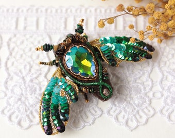 Green butterfly pin with crystals Embroidered brooch Insect jewelry