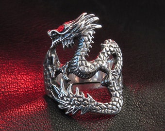 Dragon Ring with Red Cubic Zirconia, Sterling Silver, Dragon Jewelry