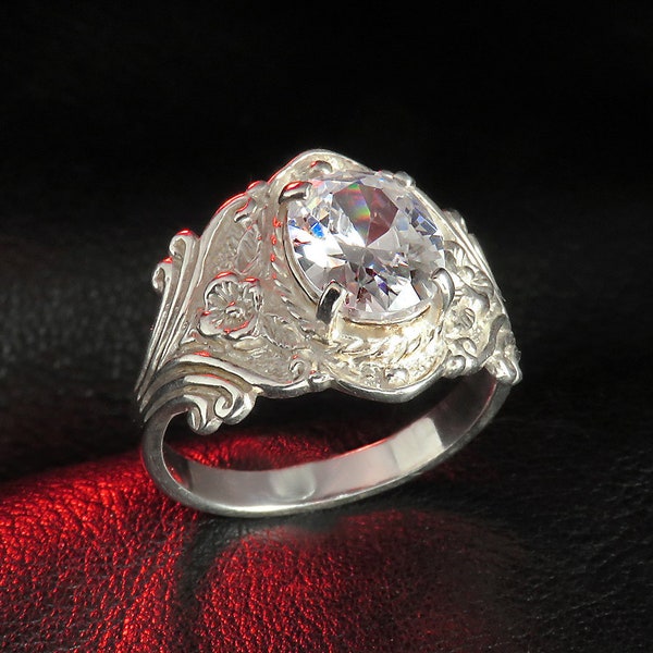 Sterling Silver Ring for Women with Cubic Zirconia, Art Nouveau Ring