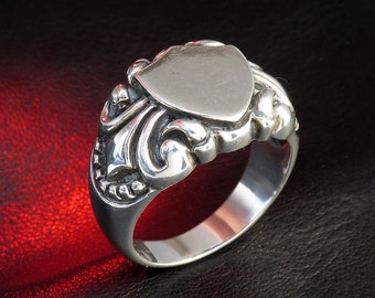 Art Nouveau Ring for Men, Shield Signet Ring, Sterling Silver