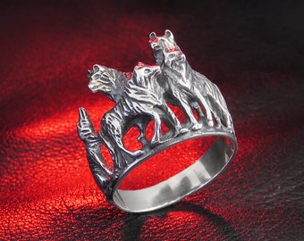 Wolf Family Ring, Sterling Silver, Wolf Jewelry