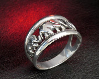 Cute Elephant Family Ring, Sterling Silver, Elephant Jewelry