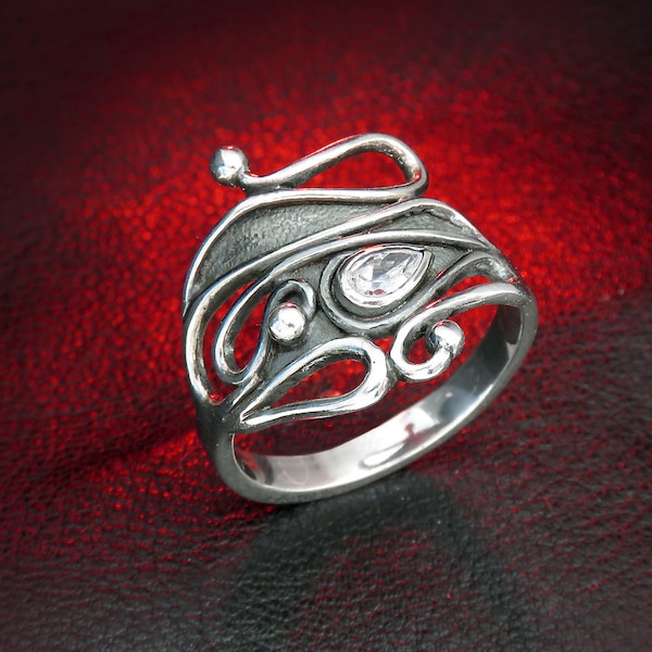 Art Nouveau Ring, Oxidized Sterling Silver with Cubic Zirconia