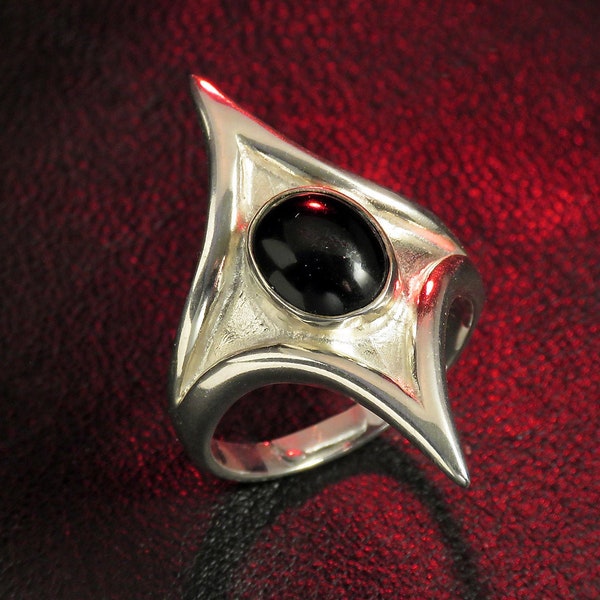 Bague tendance gothique en onyx noir | Cabochon géométrique fait main en argent sterling 925