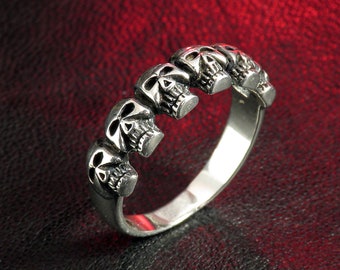 Sterling Silver Skull Ring, Multi Skull Band, Biker Jewelry