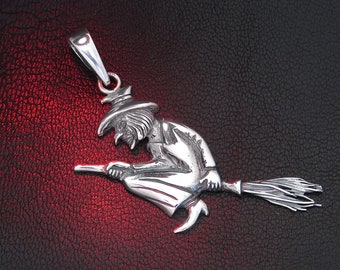Hexe auf Besen Anhänger, Sterling Silber, Hexe Schmuck