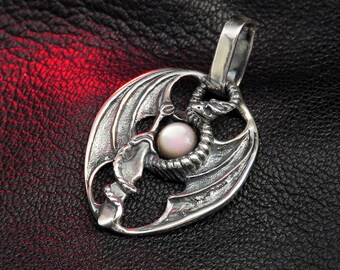 Sterling Silver Dragon Pendant with Nacre | Handmade Gothic Fantasy Necklace | Mythology Jewelry Gift