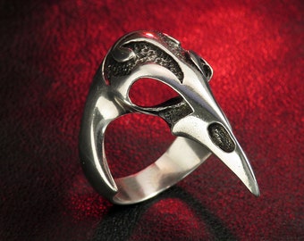 Sterling Silver Raven Skull Ring | 925 Oxidized Gothic Statement Biker Ring | Handmade Unisex Gift