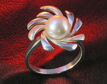 Elegant Pearl Flower Ring in Sterling Silver, Geometric Design, Handmade in Latvia, Ideal Birthday Gift for Her