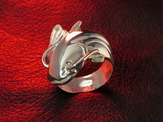 Catfish Ring, Sterling Silver and Cubic Zirconia, Catfish Jewelry, Unique and Beautiful Fish Ring
