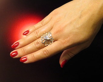 Flower Ring With Cubic Zirconia, Sterling Silver, Stylish