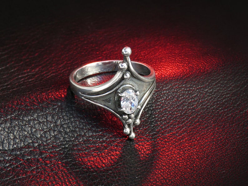 Oxidized Sterling Silver Ring for Women with Cubic Zirconia, Gothic Women's Ring, Fantasy Jewelry image 2